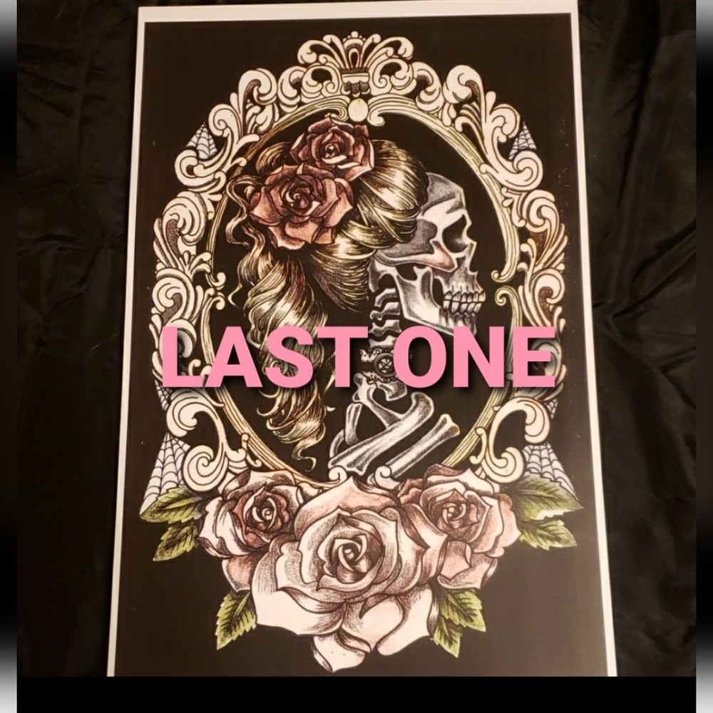Too Fast Skeleton Pinup Cameo Pink Roses 11"x17" Tattoo Lithograph Art Print